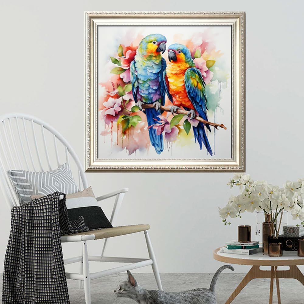 Leczany Cross Stitch Stamped Kit for Adults or Kids - Two Parrots | DIY Embroidery Starter Patterns Craft Kit Needlepoint for Beginner | 11CT, 3 Strands | 14.2x14.2 inches