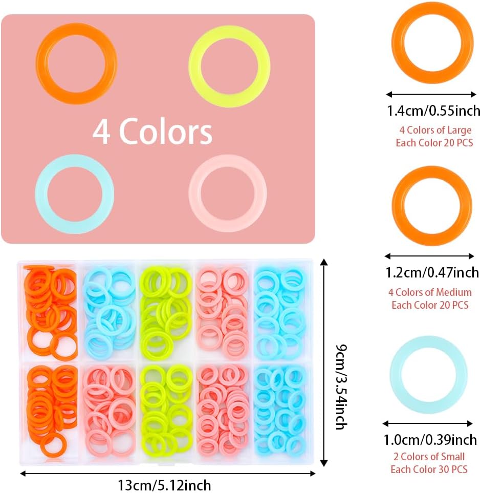 LUNARM 220 Pcs Knitting Stitch Marker, Random Colors O-Rings with Storage Box, Plastic Markers Rings(S/M/L) Crochet Locking Stitch for Knitting/Crochet