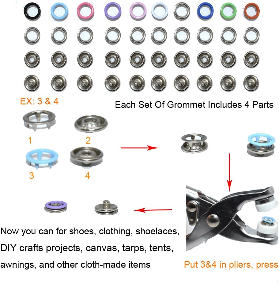 200Pcs Snap Fastener Tool Diameter 9.5mm Metal Eyelets Shoes Clothes Crafts with Heavy-Duty Eyelet Grommet Pliers