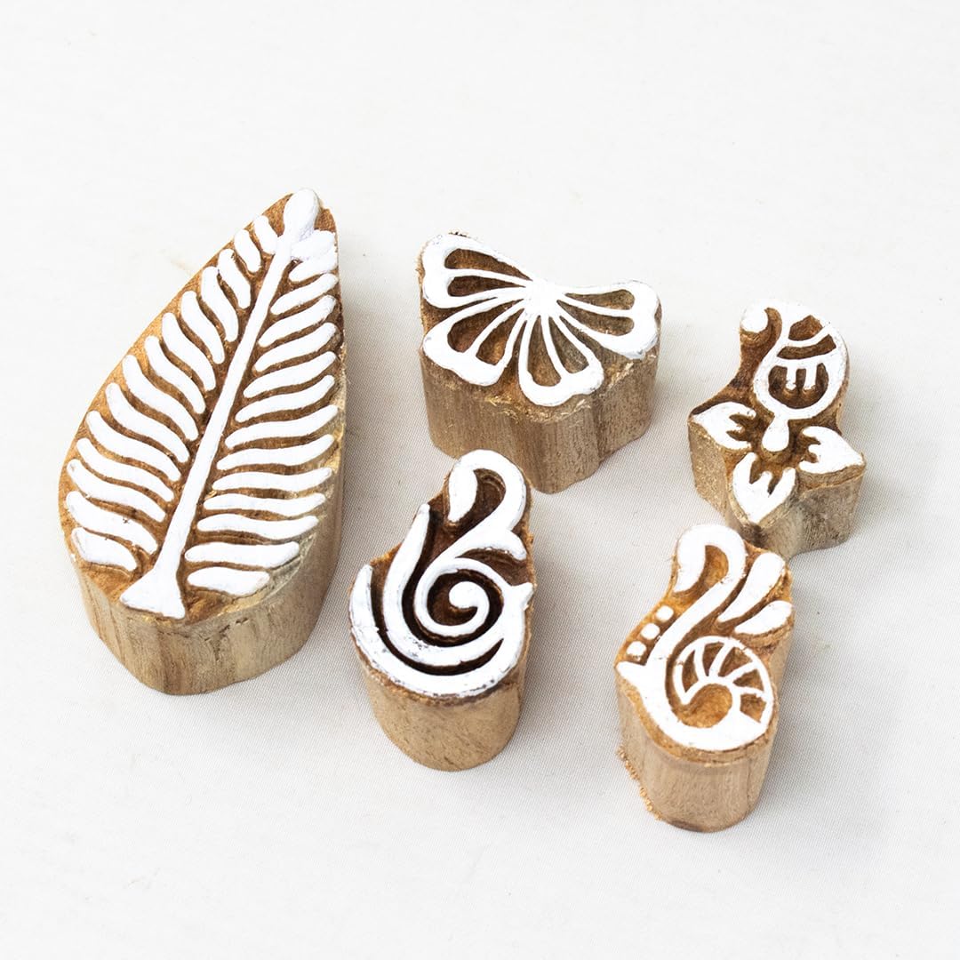 Hashcart Wooden Indian Traditional Design Printing Stamps/Blocks for Printing Saree Border/Dresses/Craft Card Making/Scrapbook/Clay Pottery (Set of 5)