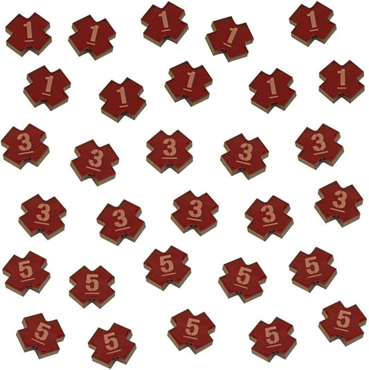 LITKO Wound Token Set Numbered 1, 3, and 5, Compatible with Warhammer: Kill Team 2nd Edition, Translucent Red (30)