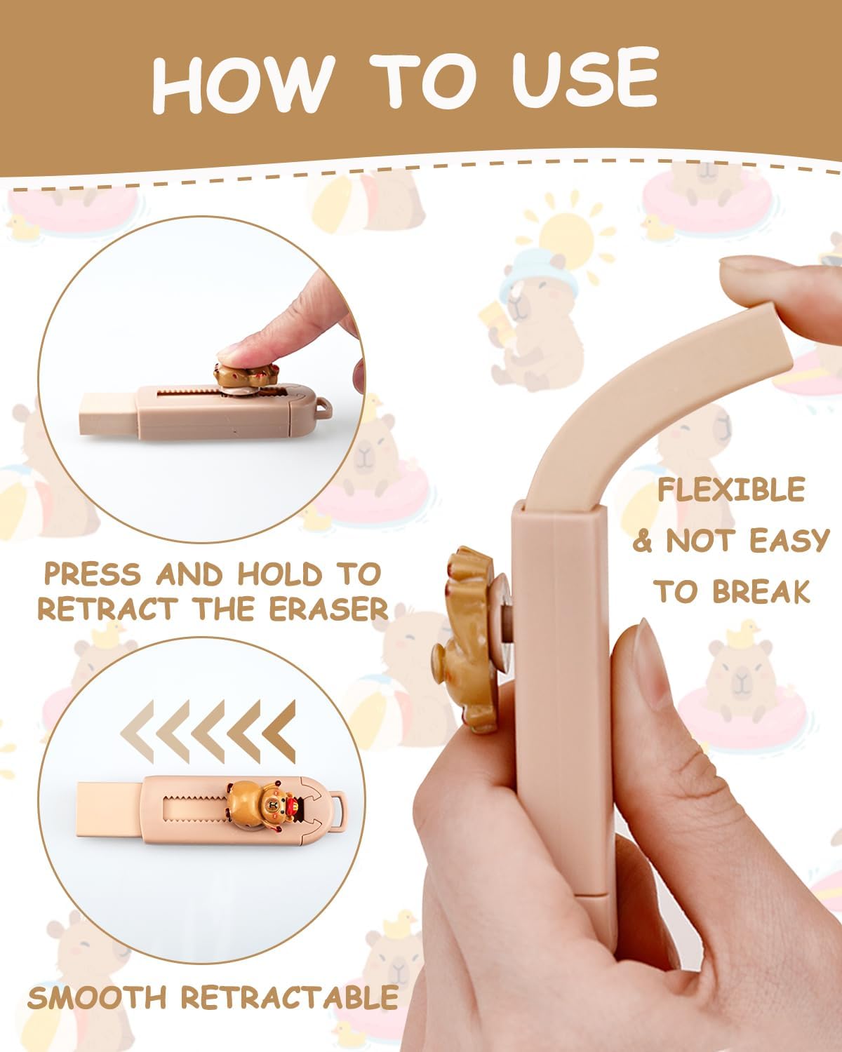 5 Pack Capybara Retractable Erasers, Cute Pencil Erasers for Kids, Students, Capybara Lovers, Large Push-Pull Rubber Eraser Set, School Office Home Stationery Supplies, Brown Colors