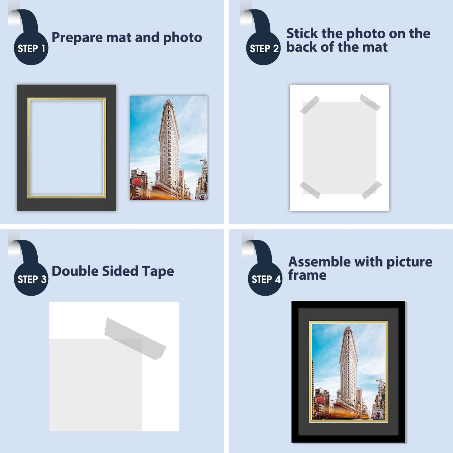 Mat Board Center, Double Mat - Acid Free, 8-ply Thickness, White Core - for Pictures, Photos, Framing (Black Over Gold, 11x14 for 8.5x11, Pack of 5)