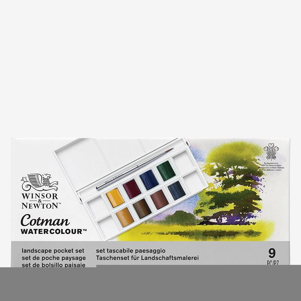 Winsor & Newton Cotman Watercolor Paint Set, 8 Half Pan, Landscape Colors w/ Brush