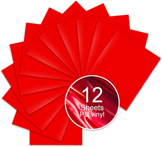Red PU Heat Transfer Vinyl, 12 Pcs 12"x10" HTV Sheets – Soft & Stretchable Iron-On Vinyl, Easy to Cut & Weed, Compatible with Cricut & Silhouette – Great for 4th of July Shirts & Patriotic Crafts
