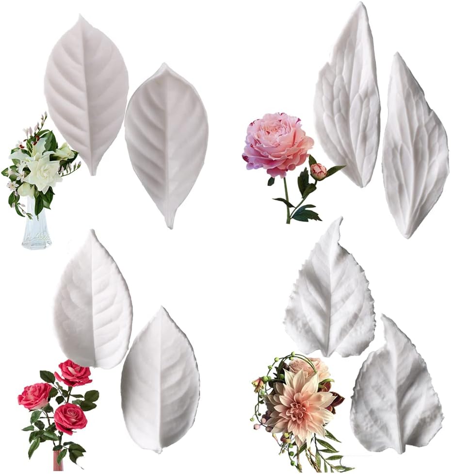 KALAIEN 8Pcs Sugar Paste Leaf Veiners Fontant Mold Fondant Silicone Leaf Rose/Peony/Lily 3D Craft Tool