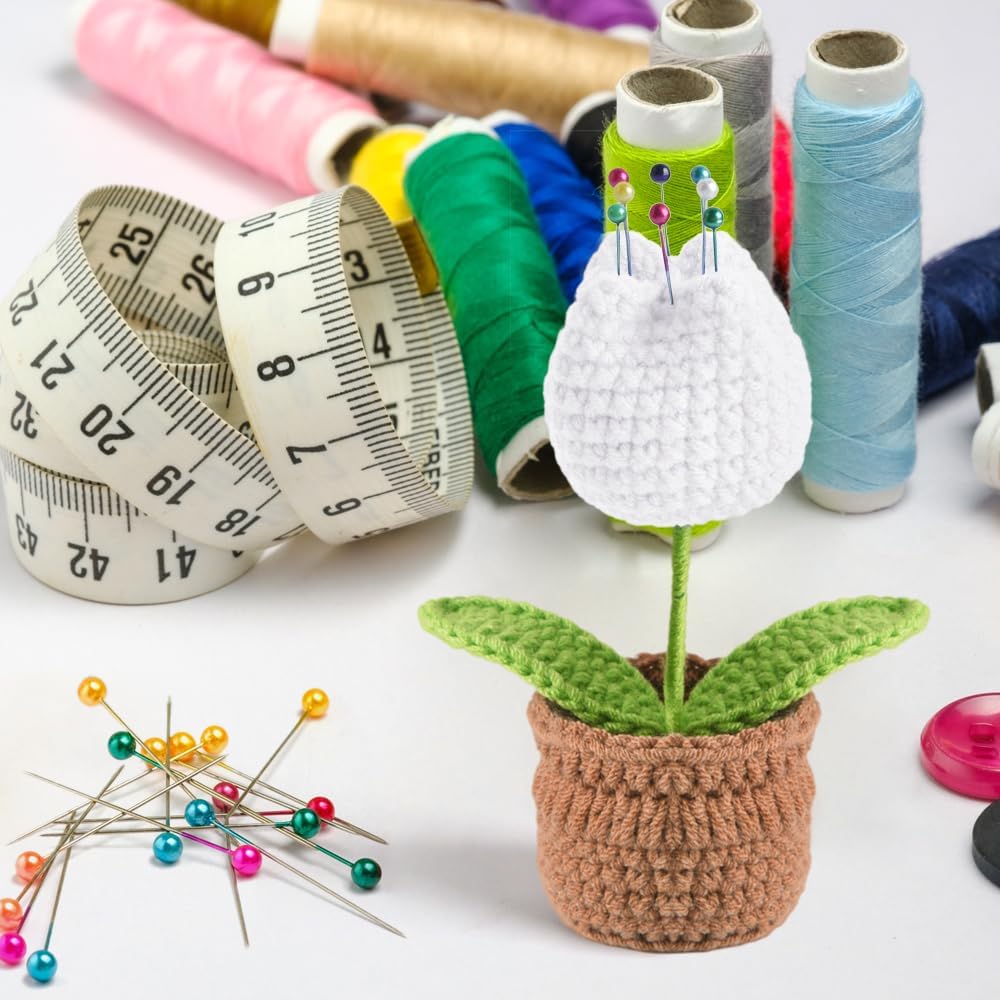 Tulip Pin Cushion, Handmade Knitted Pincushions, Cute Pin Cushions Needle Holders for Sewing Quilting Accessory, DIY Crafts or Patchwork Decor.Flowerpot Design White Tulip