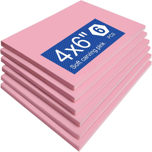 Falling in Art 4 x 6" Pink Rubber Carving Blocks, 6 Pack Soft Linoleum Blocks for Printmaking, Stamp Making, and DIY Crafting, 4/17" Thick