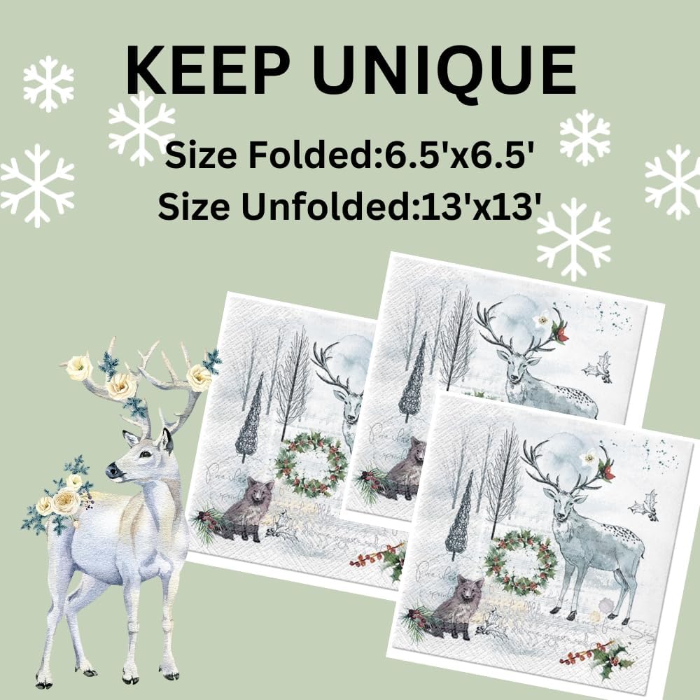 20-ct 13x13 Christmas Paper Decoupage Napkins, 3-Ply Servilletas Tissue Napkin for Dinner and Parties, Disposable Napkins (Animal Winter)