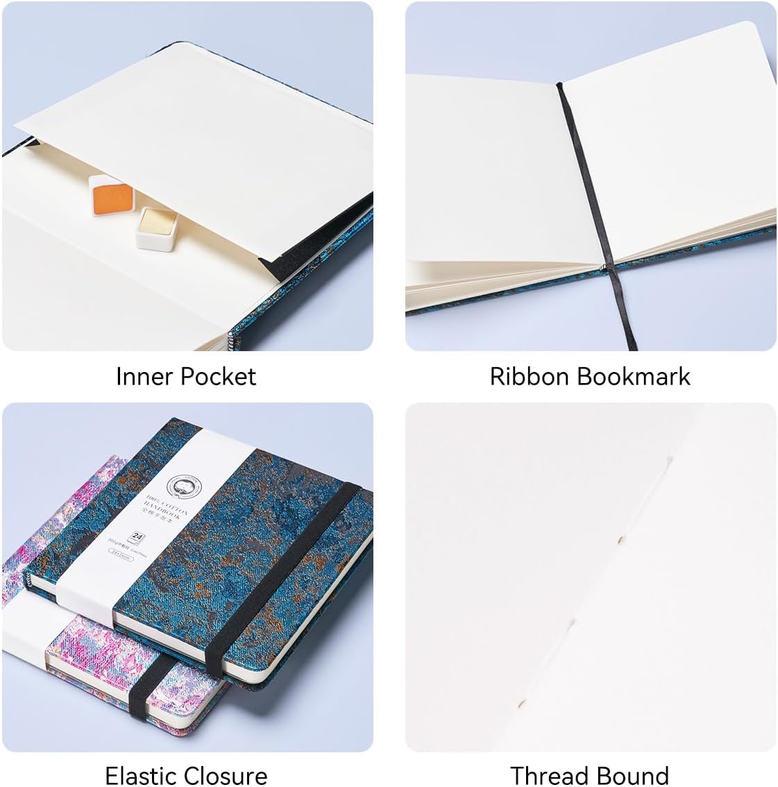 Lightwish Square Watercolor Journal,100% Cotton,300gsm/140lb,Acid-Free,24 Sheets Cold Press Watecolor Sketchbook for Artists Adults Students,6.29 * 6.29 Inches(Blue Starry Sky)