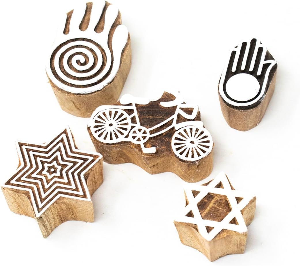 Hashcart Wooden Stamp Block, Printing Stamp Design Set | Block for Printing Saree Border | Dresses, Craft Card Making, Scrapbook, Clay Pottery | Set of 5
