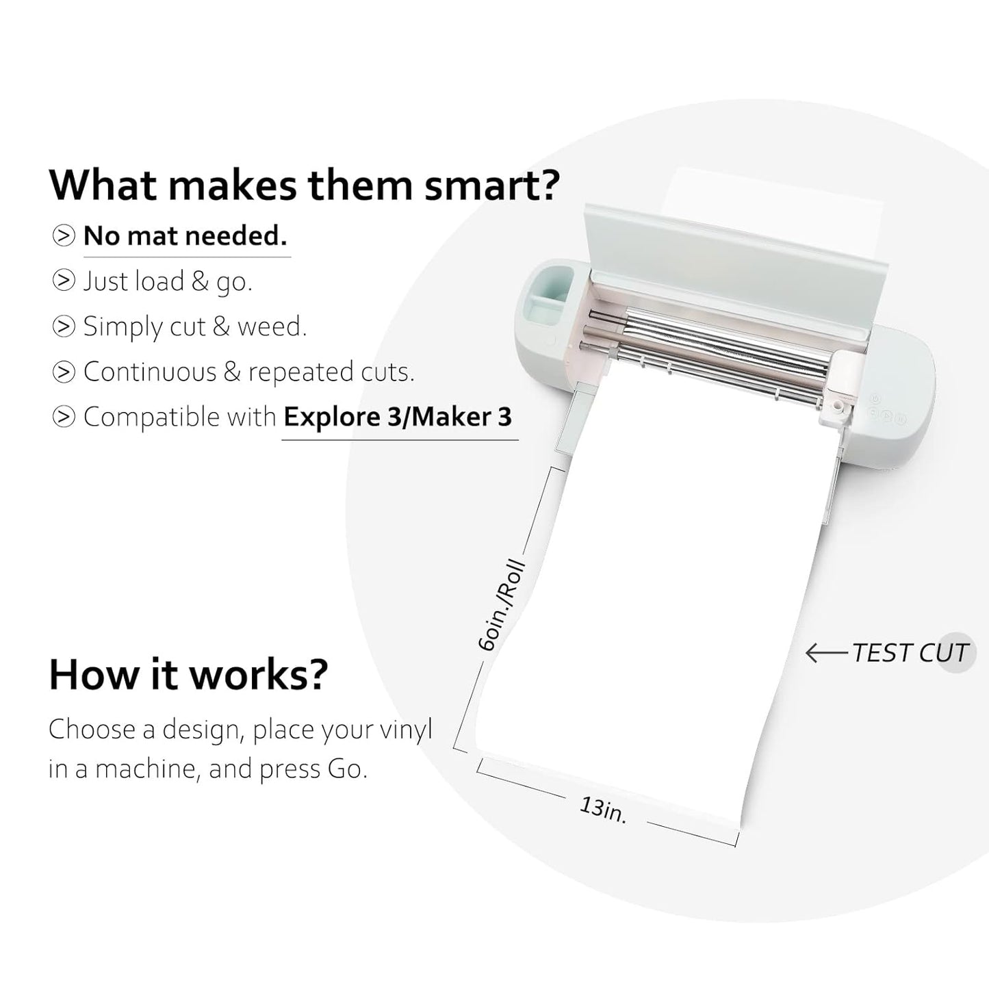 TECKWRAP 001 Smart Adhesive Vinyl Permanent,13in x 5ft, Vinyl for DIY Decal Projects, Compatible with Explore3/Maker3, Glossy Coconut White