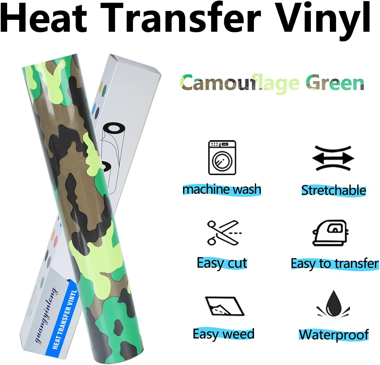 Guangyintong Camouflage Green Heat Transfer Vinyl HTV Rolls, 12" x 8ft PU Iron on Vinyl for T-Shirts, Stretchy Thin Soft HTV for All Cutter Machines, Easy to Cut & Weed