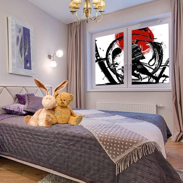 Japanese Samurai Decorative Window Film Watercolor Ink Samurai Sword Red Sun Printdining Room Window Film,Dorm Room Glass Film 17.7Wx23.6L-Inch X2Pcs