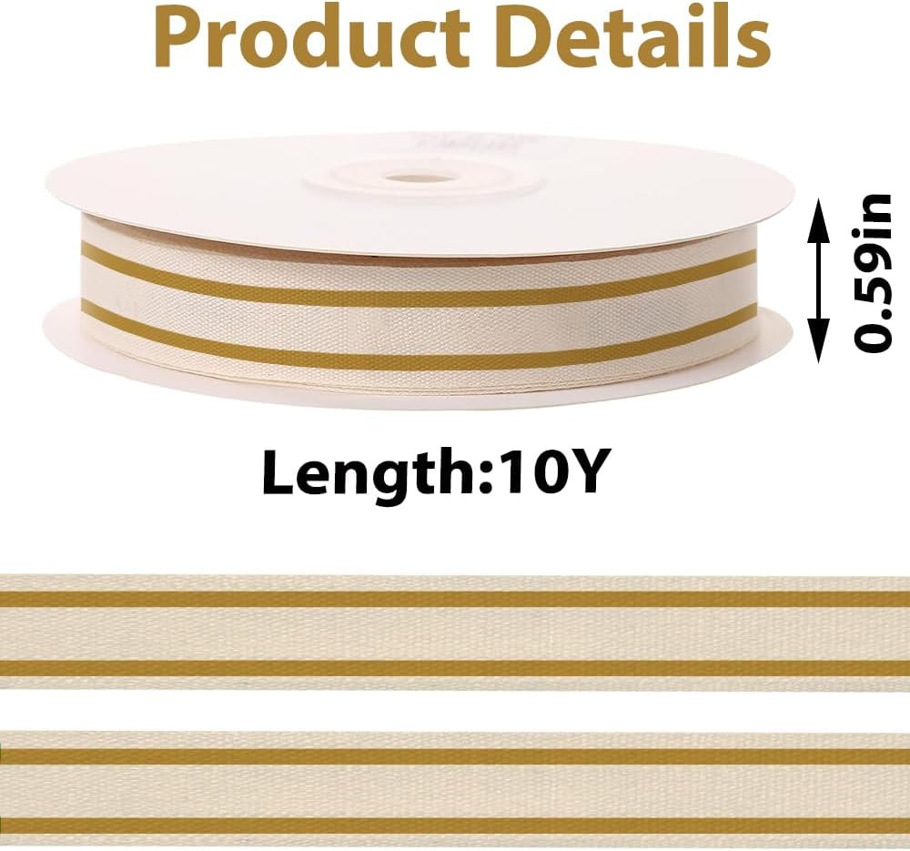 10 Yards × 3/5 Inch Golden Natural Cotton Ribbon, Double Sided Webbing Straps Ribbons, Birthday Wedding Valentines Ribbons for Crafting, DIY Sewing, Gift Wrapping