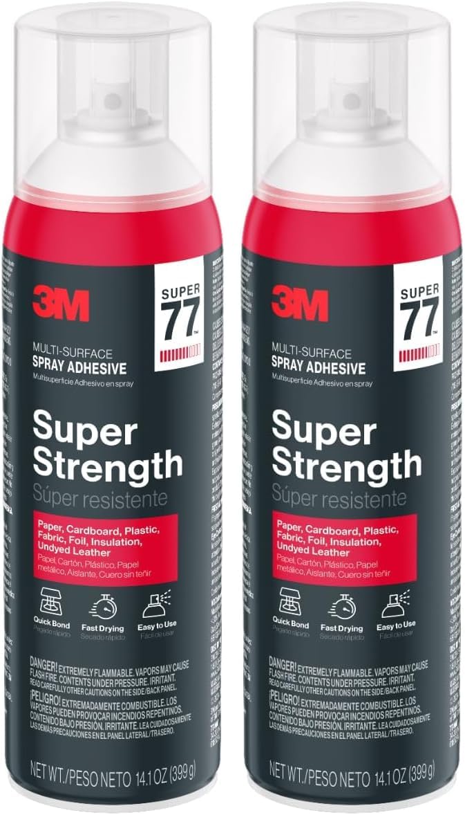 3M Super 77 Multi-Surface Spray Adhesive, 14.1 oz., Low VOC, Quick Bond, Fast Drying, Clear Finish for Foil, Foam, Paper, Metal, Plastic, Fabric, and Cardboard (77-NAT) (Pack of 2)