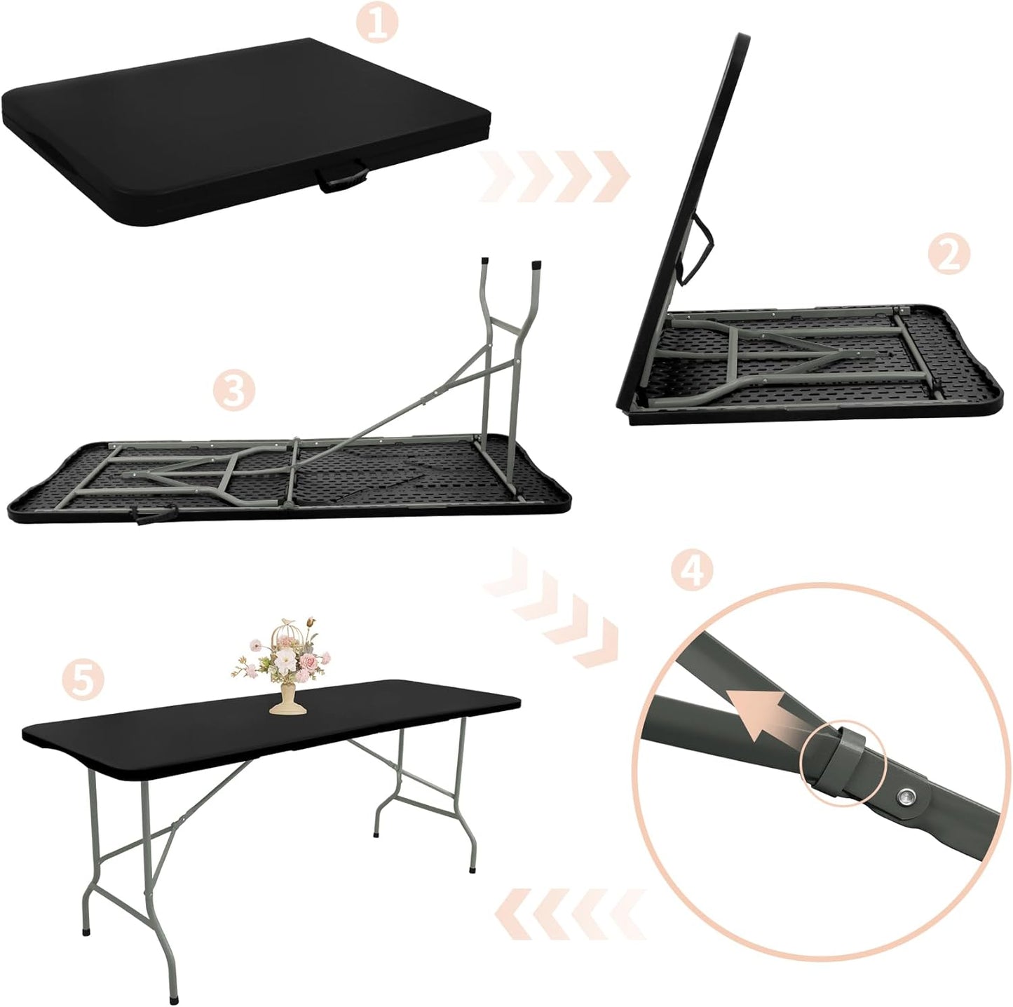 Folding Table 5FT Camping Table Portable Heavy Duty Plastic Rectangular Outdoor Dining Table Steel Legs Fold-in-Half with Carrying Handle for Indoor,Picnic,Party,Wedding,Events(Black)