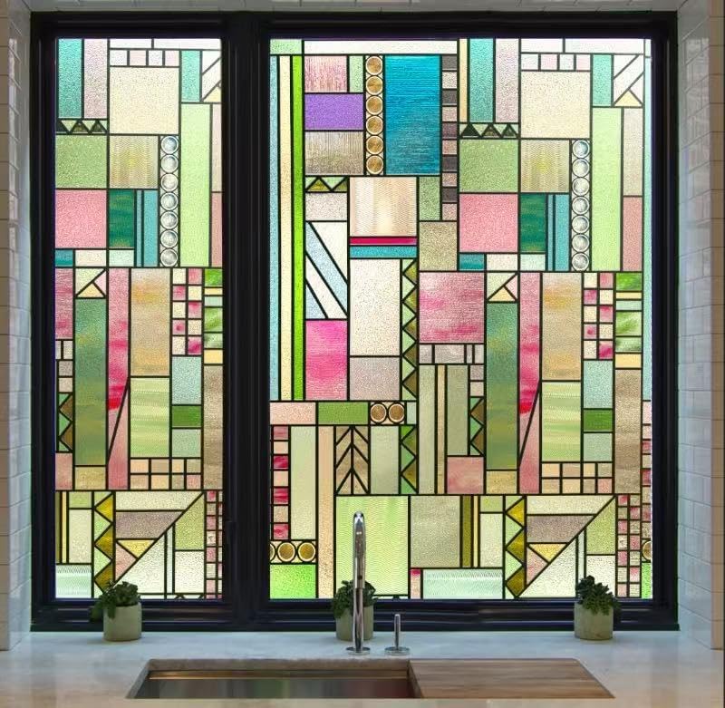 3D Stained Glass Window Privacy Film, Heat Control UV Blocking Static Cling Decorative Window Film for Bathroom,Front Door,Home Non Adhesive,Colorblock 16.9 x 78.7 inches