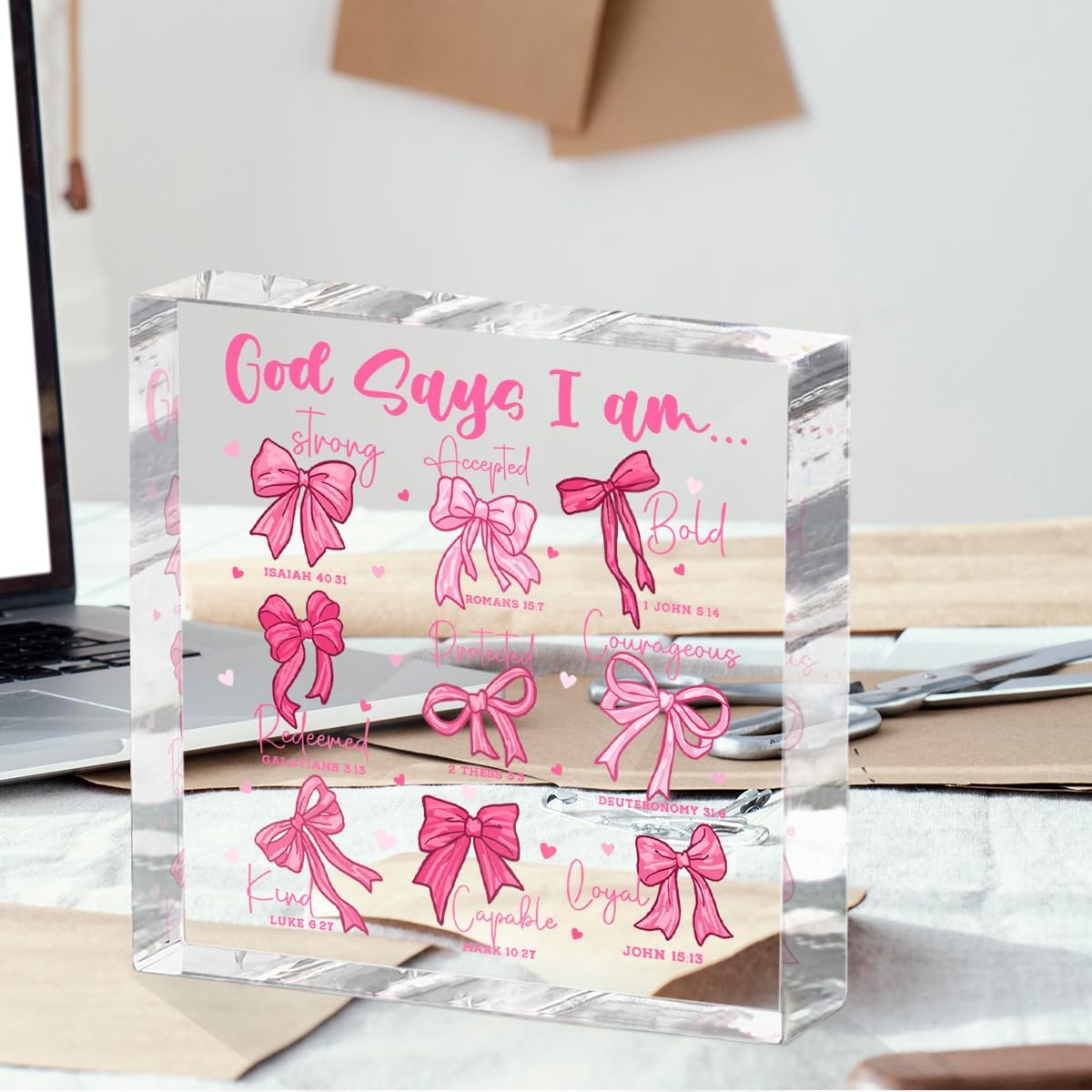 Positive Affirmation Bible Verse Desk Decor Acrylic Sign 4X4 Inch, Preppy Coquette Pink Bow Desk Decorative Signs for Shelf Tabletop Cubicle Room Office, Christian Gifts for Women Men Friends