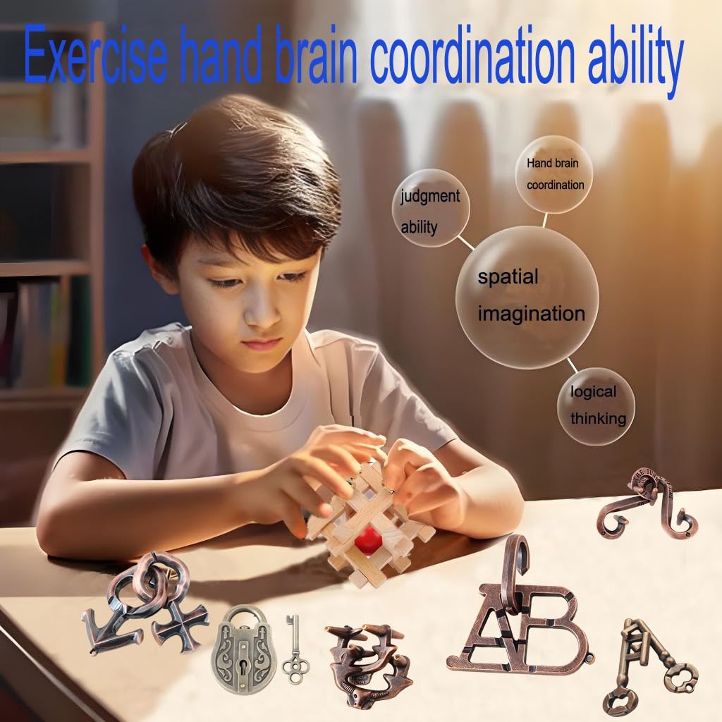 Arlai 12 pcs Wooden Brain Teaser Puzzle and Metal 3D Unlock Interlocking Jigsaw Educational Toy for Kids and Adults Brain Games Durable Easy to Assemble Birthday Gifts Educational Toys