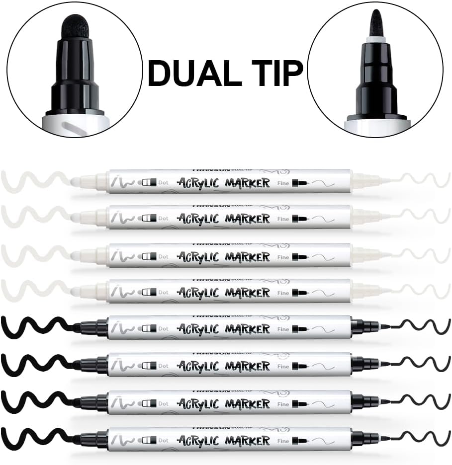TRANSON 4 Black and 4 White Paint Markers Bold and Fine Dual-tip Acrylic Paint Marker Set for Rock Painting Glass Canvas Wood Leather Ceramic Painting