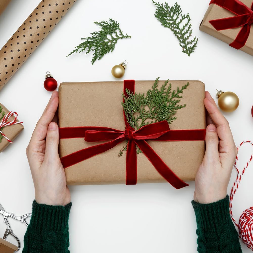 Red Velvet Ribbon, 0.39 Inch x 20 Yards Single Faced Red Ribbon for Gift Wrapping, Bow Making, Christmas Tree Decorations, Wreath Making and DIY Crafts (10 Yards Each Roll)