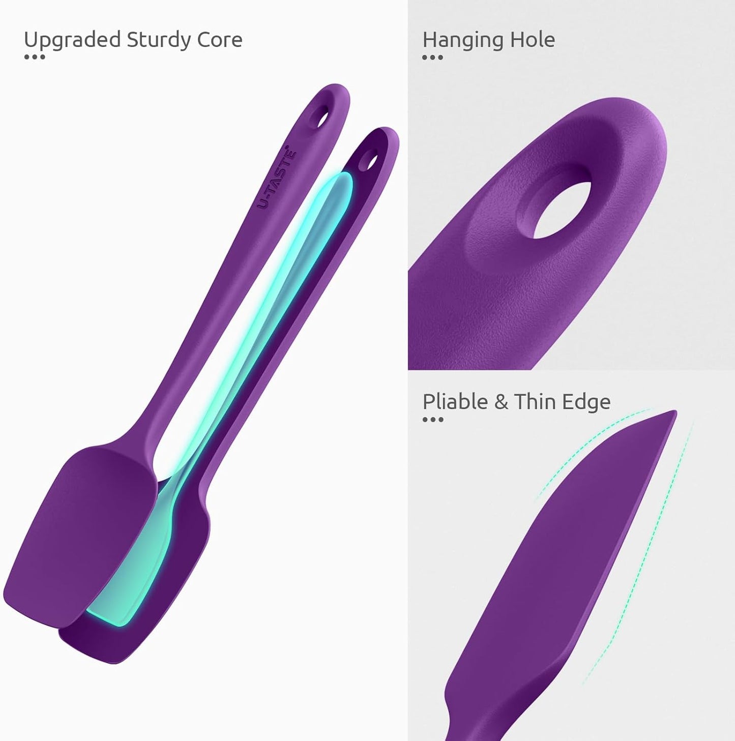 U-Taste Silicone Spatula Set: 600ºF High Heat Resistant, Seamless Food Grade Flexible Rubber Kitchen Cooking Mixing Baking Scraper for Nonstick Cookware Set of 3 (Purple)