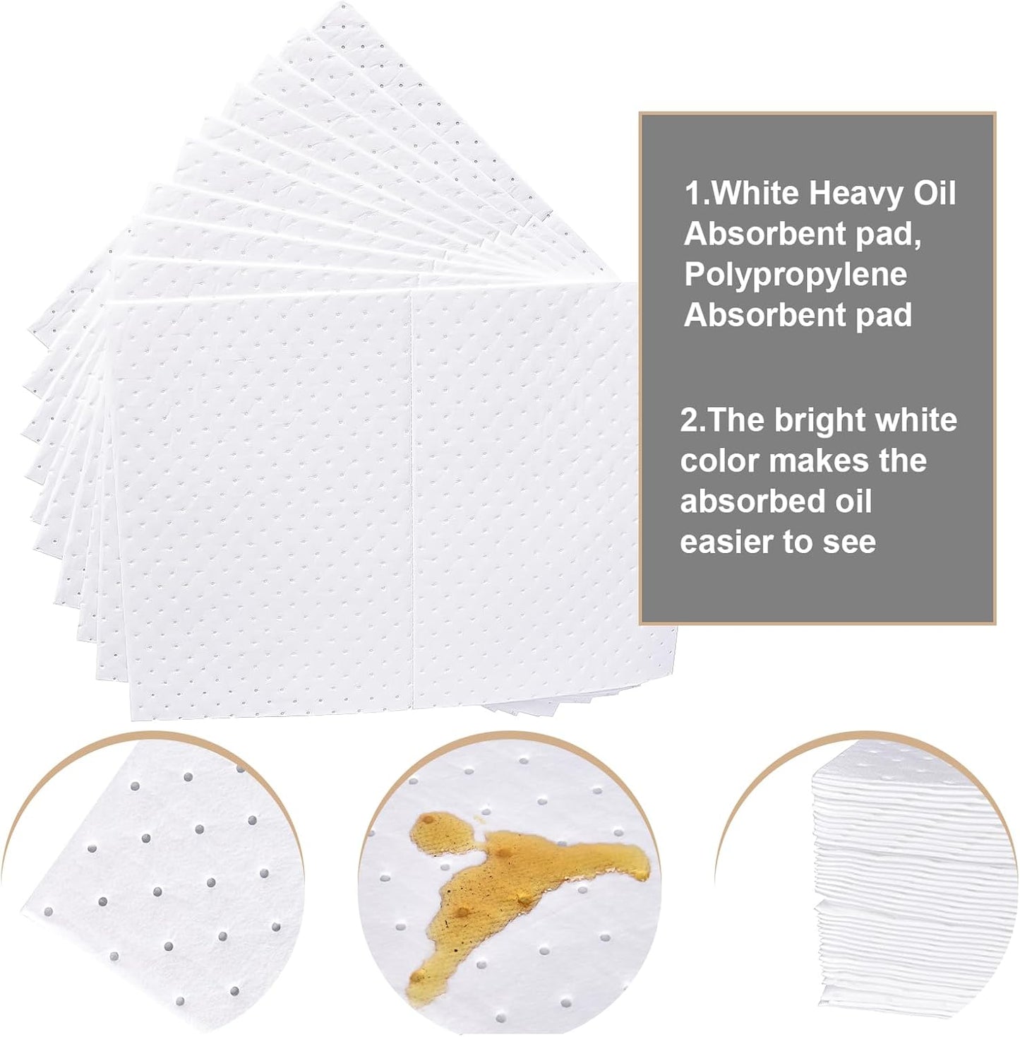 PONO 100 Pcs Oil Absorbent Pads, 15x20 in White Heavy Weight Oil-Only Absorbent Pad,Used for Oil Spill Cleaning in Garage Workshop, Reusable, Washable, Durable