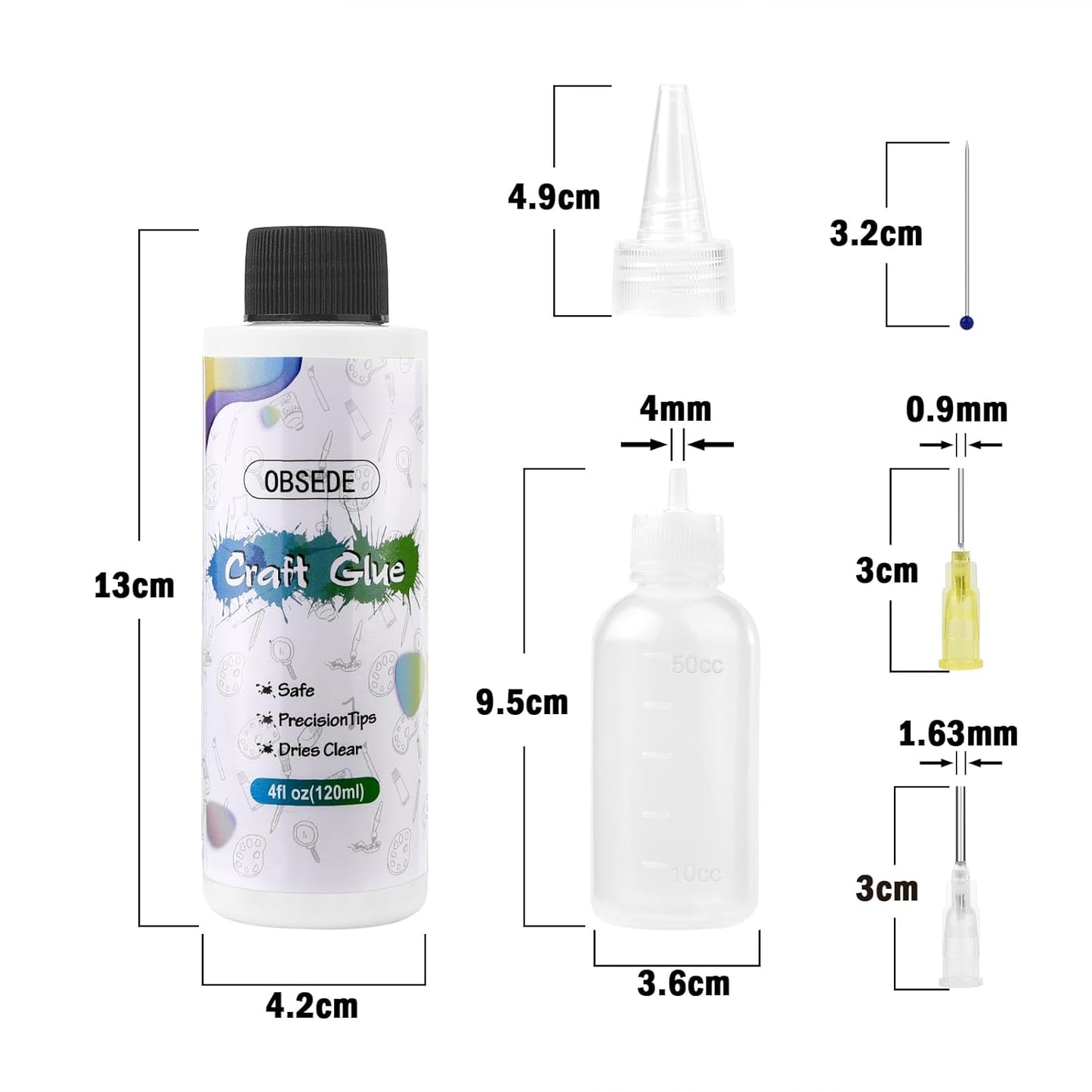 OBSEDE Clear Craft Glue for Crafts, Bundle with 50ml Precision Bottle, 2 Metal Needle Tips, Applicator Cap, and Cleaning Pin (6 Items) - Dries Clear for Paper Crafting Scrapbooking and Card Making