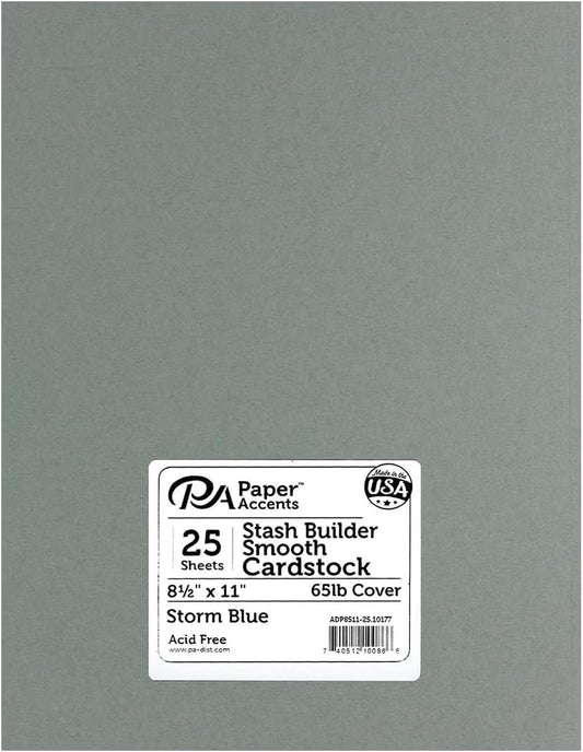 PA Paper Accents Stash Builder Cardstock 8.5" x 11" Storm Blue, 65lb colored cardstock paper for card making, scrapbooking, printing, quilling and crafts, 25 piece pack