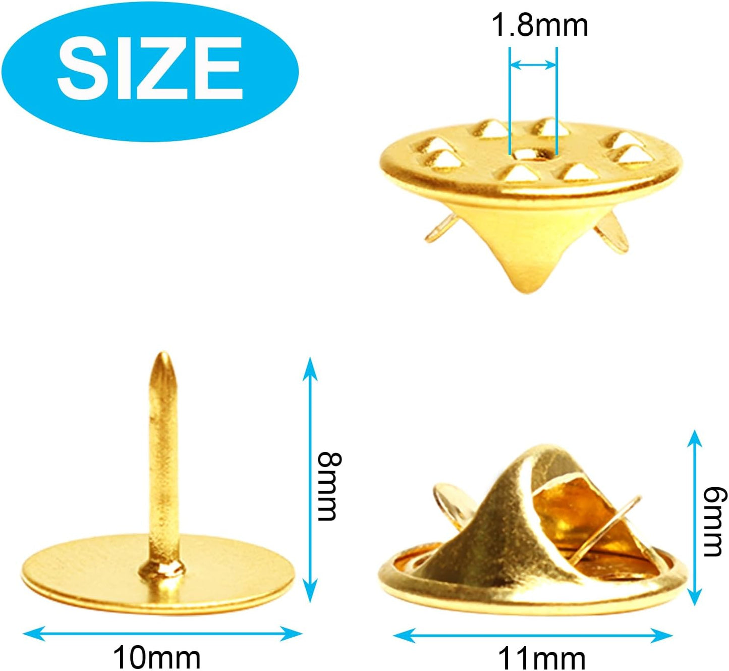 50 Pairs Premium Butterfly Clutch Pin Backs with 8mm Length 10mm Width Blank Pins for DIY Enamel Pins, Jewelry Craft Gifts, or Tie Tack Keeper Replacements (Gold)