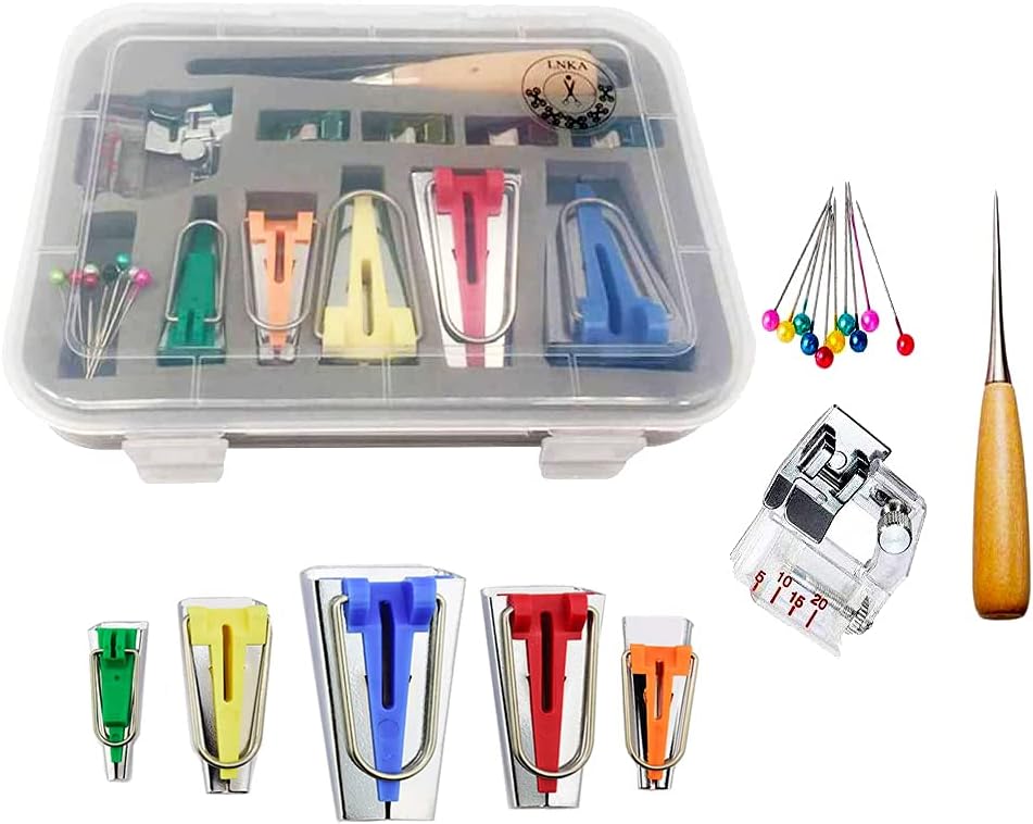 Bias Tape Maker Set,LNKA 5 Sizes 1/4" 3/8" 1/2" 3/4" 1" Bias Maker Kits with Instruction, Binding Foot,Awl,Clips, Bead Needles- for quiltmaking and Fabric fold bias Strips