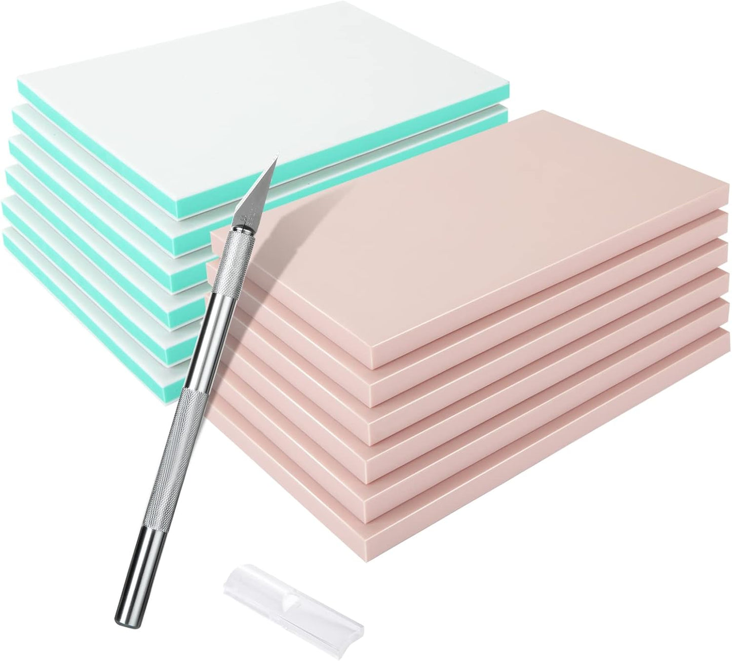 DAJAVE 13 Pack Linoleum Blocks for Printmaking, 4x6 Inch Rubber Carving Blocks, Linocut Block Rubber Stamp Making Kit for DIY Crafts & Art Projects (Pink, Green, Craft Knife Include)