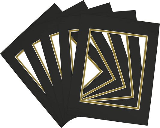 Golden State Art, 11x14 Double Mats for 8x10 - for Photos, Pictures, Frames - Acid-Free, 5 Pack, Black Over Old Gold