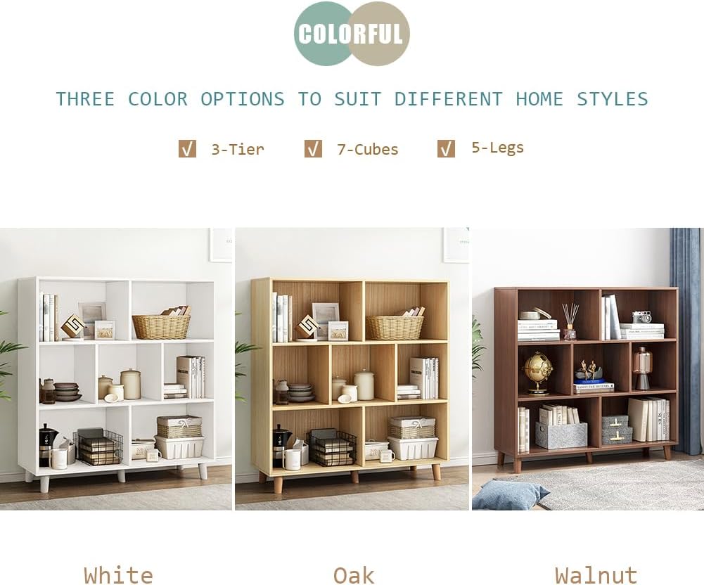 IOTXY Open Cube Low Bookcase - 3-Tier Freestanding Storage Display Cabinet Organizer with Legs for Home Office, 7-Cubes Open Shelf Short Bookshelf, White