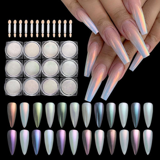 12 Jars Mermaid Chrome Nail Powder, Iridescent Aurora Powder Pearlescent Dust Metallic Mirror Glitter Effect Pigment Nail Art Glitter Manicure Decoration for Home DIY Salon