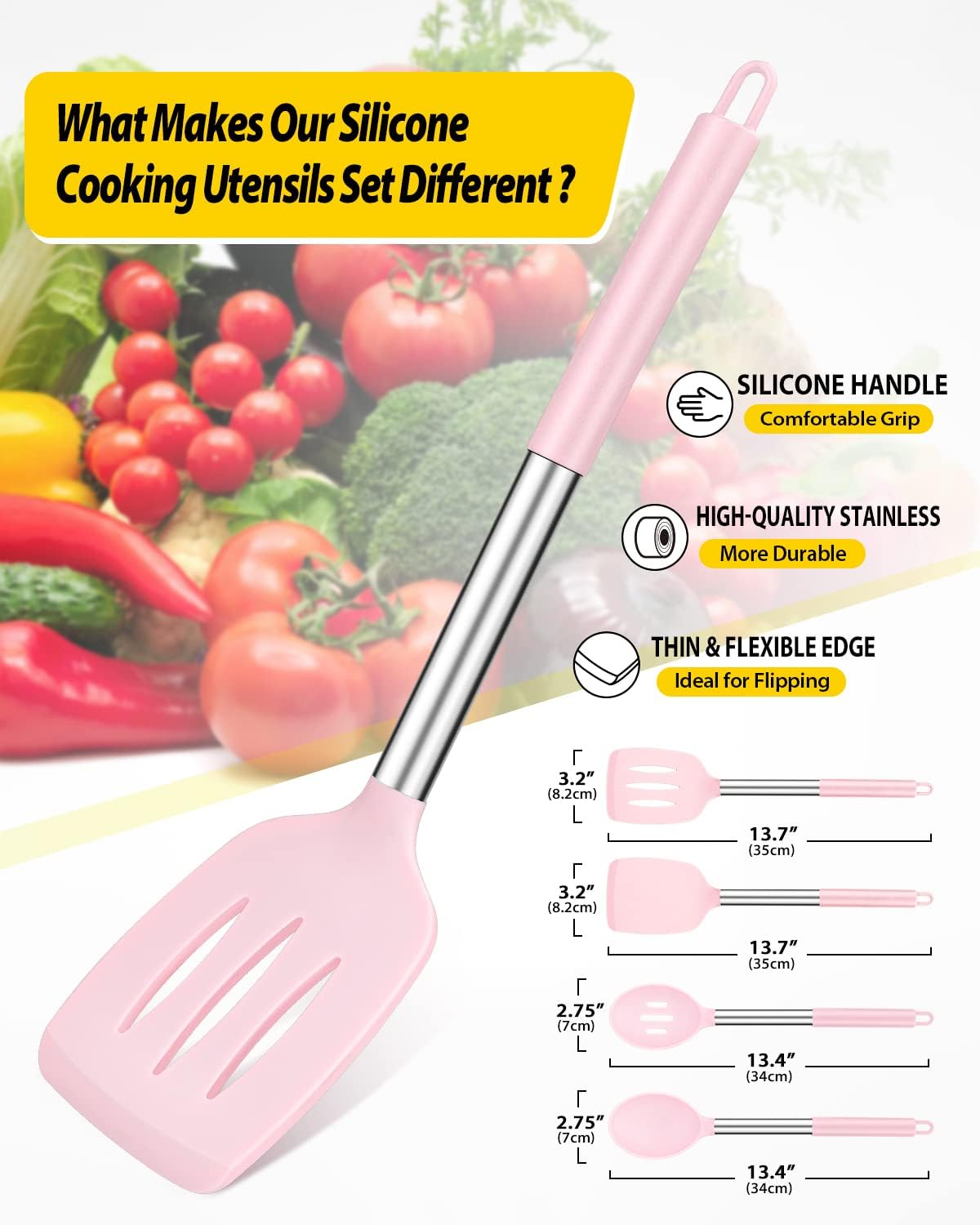 Pack of 4 Silicone Cooking Utensils Set, Non Stick Large Solid Spatulas, Heat Resistant Pink Slotted Spoons, Ideal BPA Free Kitchen Turners for Frying, Mixing,Serving,Draining,Turning,Stirring