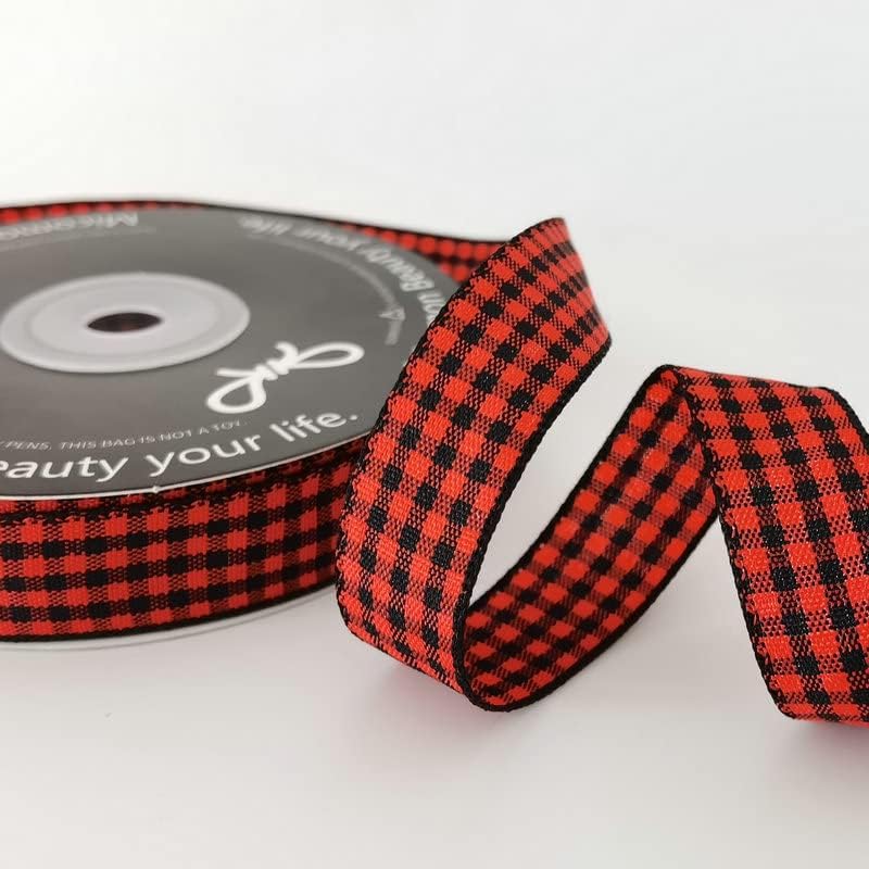 Red and Black Gingham Plaid Checked Ribbon 25 Yards Each Roll 100% Polyester (5/8",BlackRed)