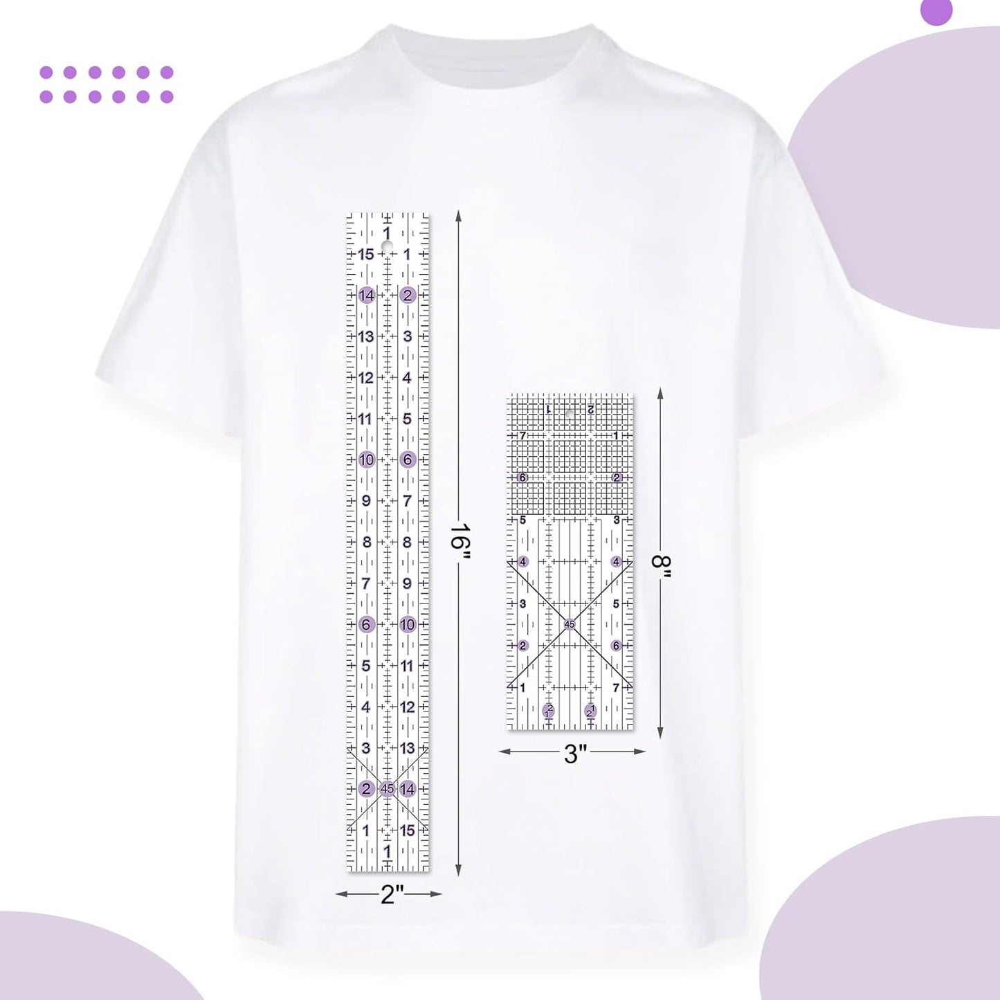 Quilting Ruler, 8 Piece Acrylic Quilting Templates, Sewing Ruler, Fabric Cutting Ruler with Non-Slip Rings, Quilting and Sewing (6"x17", 3"x17", 2"x16", 1.5"x12", 1"x12", 1"x6", 8"x3") (Purple)