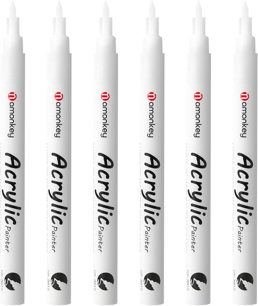 White Paint Marker Pens 6 Pack 0.7mm Extra Fine Tip, Permanent Acrylic Ink for Rock, Wood, Metal, Glass, Ceramic, Plastic, Canvas, Pens for DIY Crafts, Art & Fine Detailing