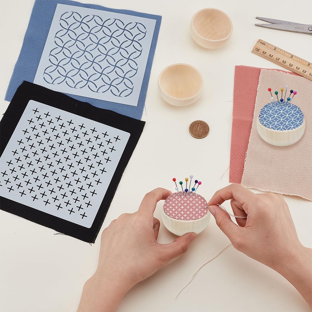 ACRNIGHEET 4 Set Sashiko Pin Cushion Bowls Making Kits, Embroidery Pin Cushion for Sewing, Sewing Pins Cushion, Wooden Base Japanese Traditional Style Sewing Needle Holder, DIY Crafts Home Use