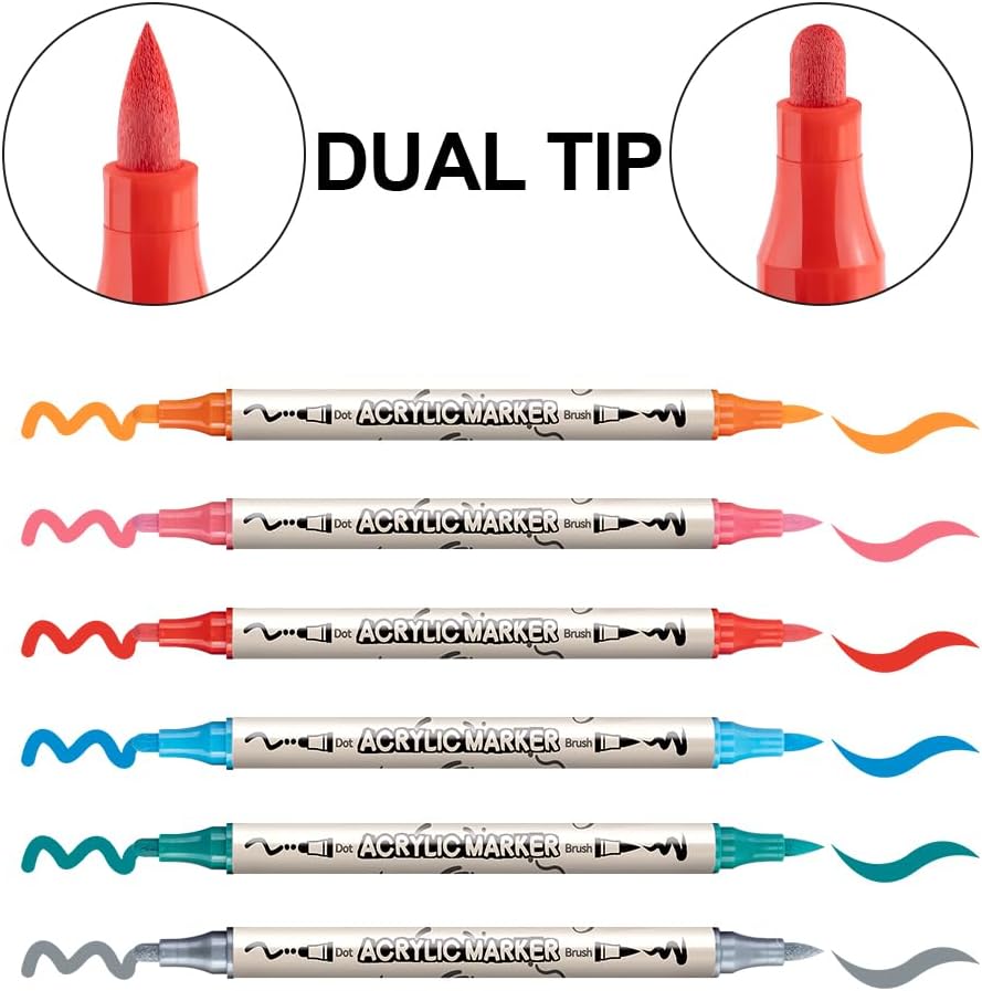 TRANSON 12 Colors Bold and Brush Dual-tip Acrylic Paint Marker Pen Set for Canvas Rock Wood Leather Ceramic DIY Painting