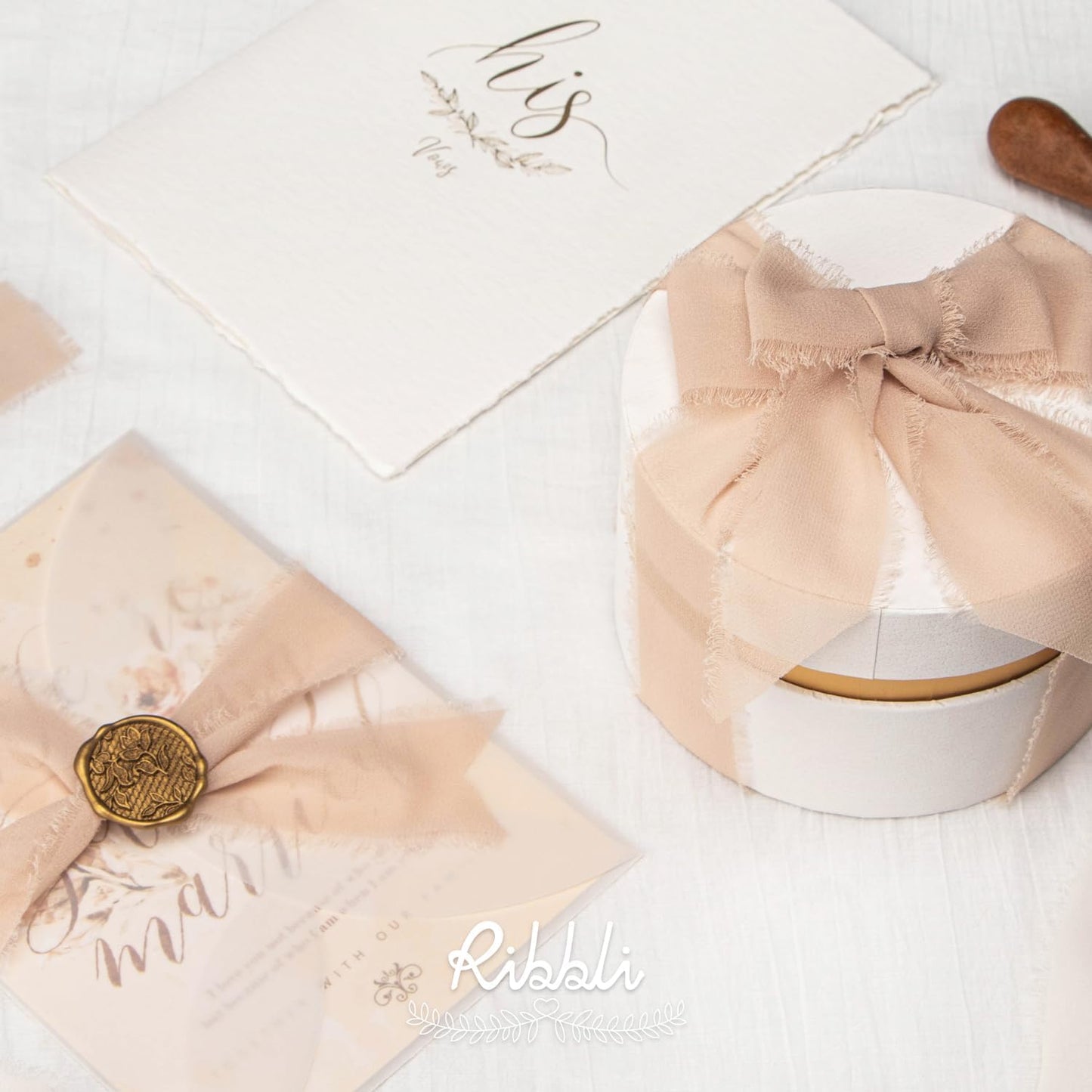 Ribbli Chiffon Silk Ribbon, 1.5 inch x 30 Yard, Cream/Champagne/Beige Fringe Chiffon Ribbon for Wedding Invitations, Bridal Bouquets Wrapping, Flower Arrangement Decoration