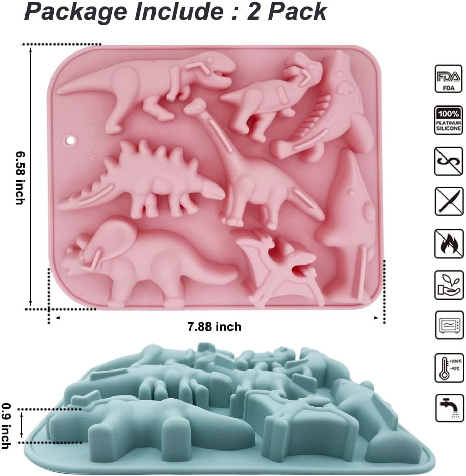 2 Pack 3D Ancient Dinosaur Silicone Molds 8 Cavity Dinosaur Themed Baking Mould Tray DIY Baking Tool for Chocolate Cake Dessert Candy Mousse Pastry Handmade Soap Cupcake Topper