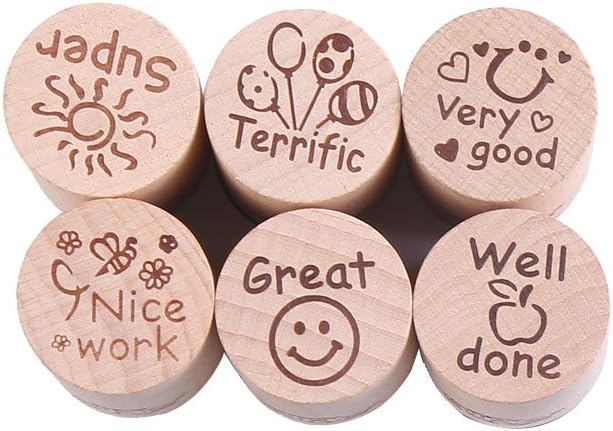 DECORA 6pcs Round Wood Rubber Stamp for School Teachers English Toy Stamp Au116s1p1us1