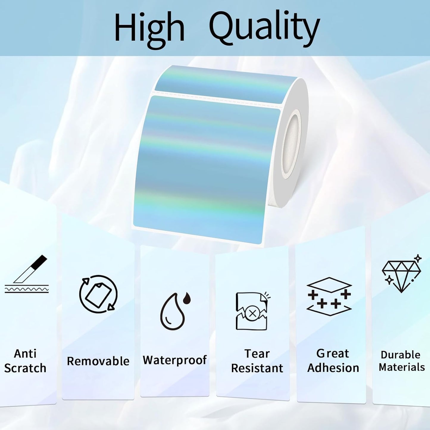 Holographic Square Thermal Labels Stickers 3" x 3", Square Direct Thermal Stickers Labels, Glitter Self-Adhesive Thermals Label for Small Business- Holographic Blue