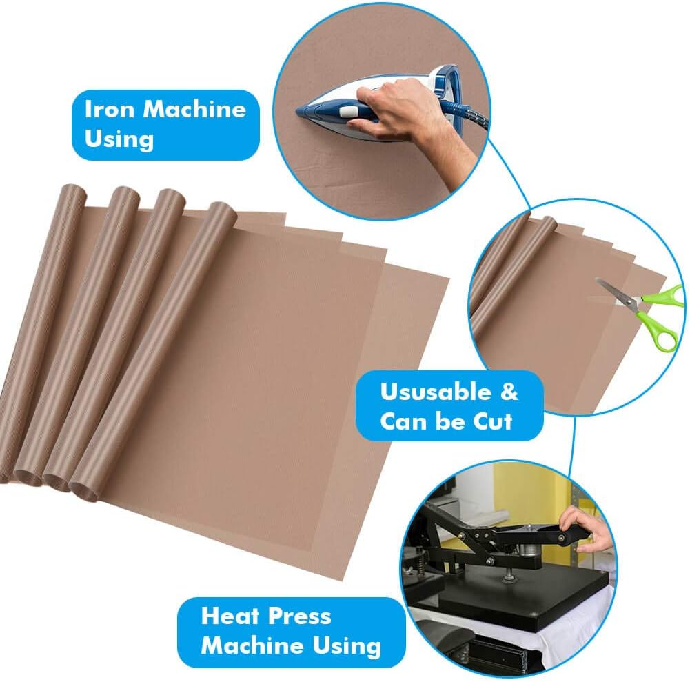 Selizo 4 Pack Teflon Sheet for Heat Press, Non-Stick Craft Mat, Teflon Heat Transfer Press Sheet for T Shirt Press Machine (12" x 16")