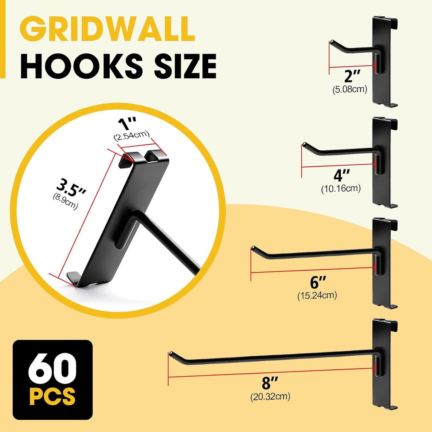 Gridwall Hooks 4 Inch, 60 Pack Metal Display Hooks for Grid Wall, Hanging Hooks for Grid Wall Panels, Black Grid Wall Accessory for Clothes, Home Setup, Retail Display- Gridwall Peg Hooks