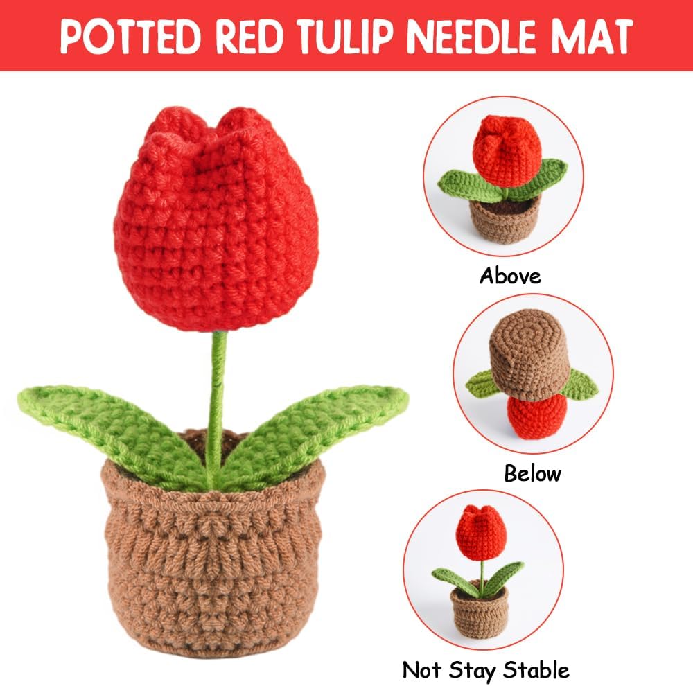 Tulip Pin Cushion, Handmade Knitted Pincushions, Cute Pin Cushions Needle Holders for Sewing Quilting Accessory, DIY Crafts or Patchwork Decor.Flowerpot Design Red Tulip