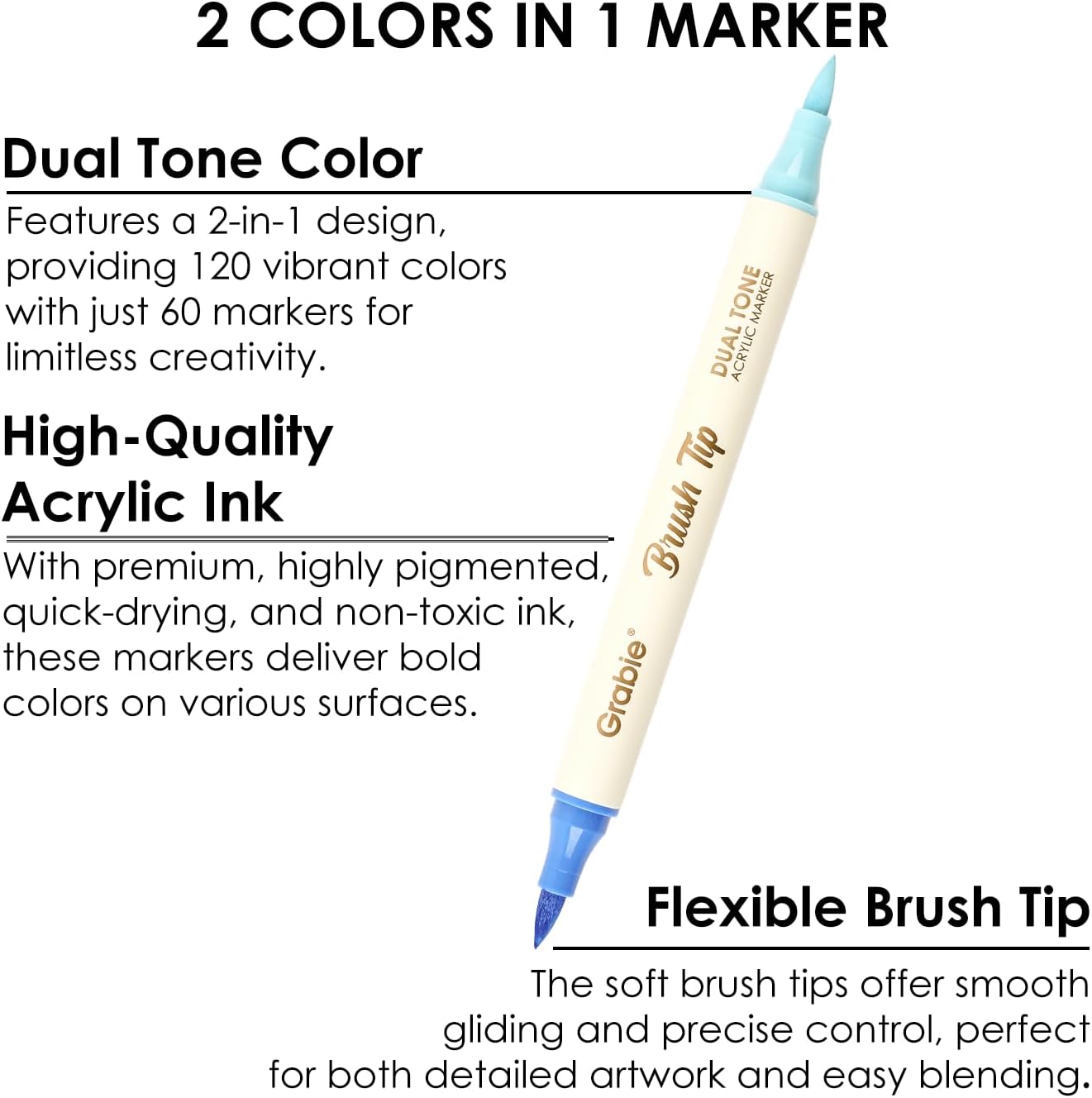 Grabie 120 Colors Dual Tone Brush Tip Acrylic Markers, Dual-Color Paint Markers with 60 Brush Tips, Double Tipped Acrylic Paint Pens for Fabric, Canvas,DIY, Canvas Art Supplies, Set of 60